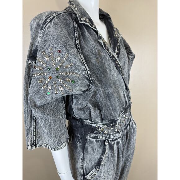 Vintage Jumpsuit – Women’s Studded Wrap Style, Size M Acid Wash Gray - Picture 4 of 16